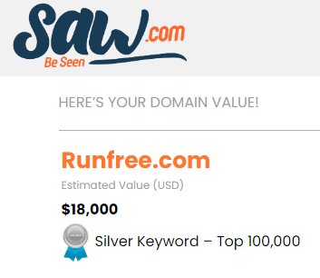 SAW.com appraisal: Runfree.com Estimated Value $18,000, Silver Keyword Top 100,000